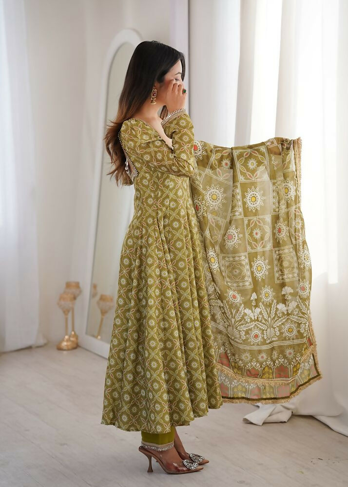 Teeya Creation Olive Green Floral Printed Anarkali Suit with Detailed Square Neckline