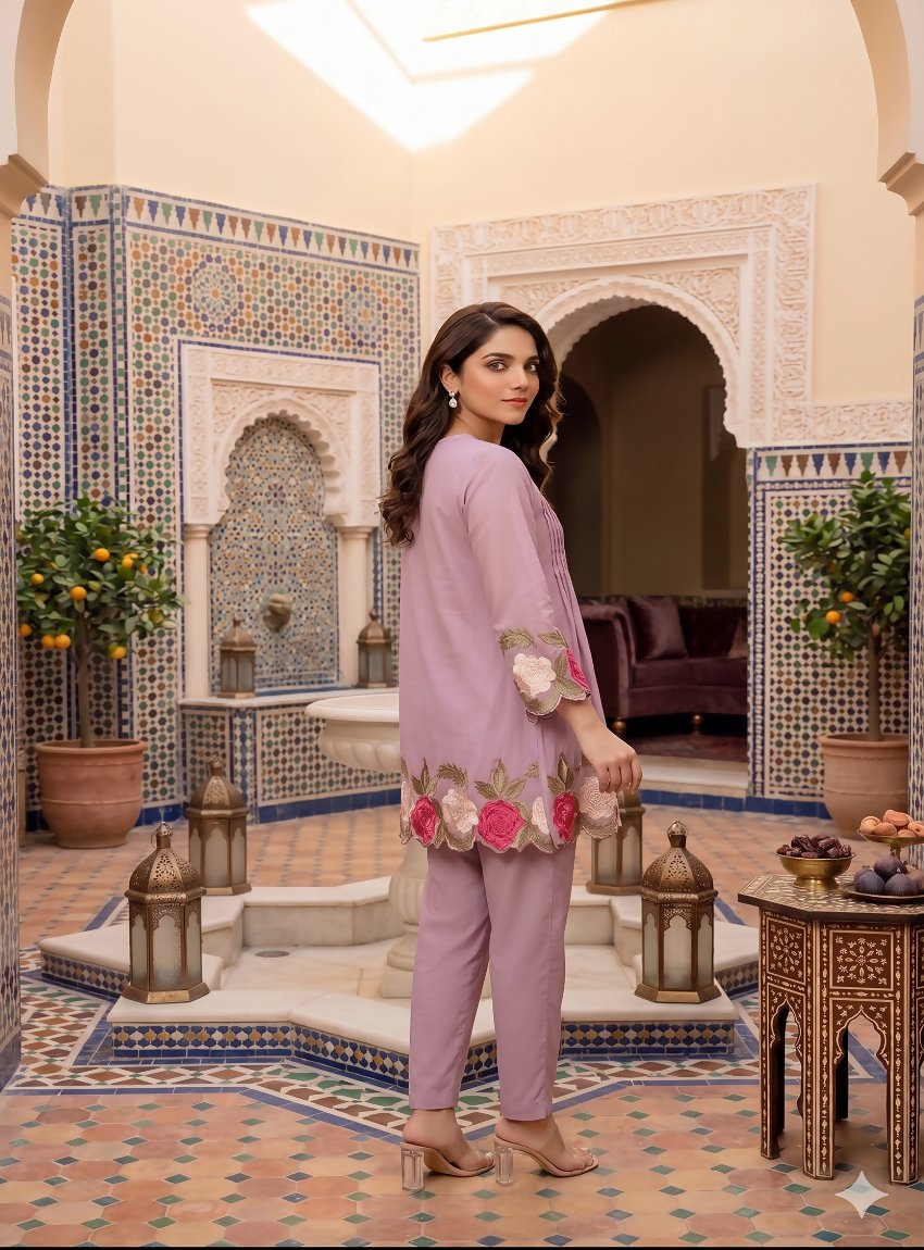 Teeya Creation Women's Peach Embroidered Kurti Set