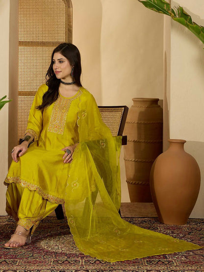 The52 Women's Beautiful Embroidery Work Vichitra Fabric A-line Kurta Pant and Dupatta Set-Yellow