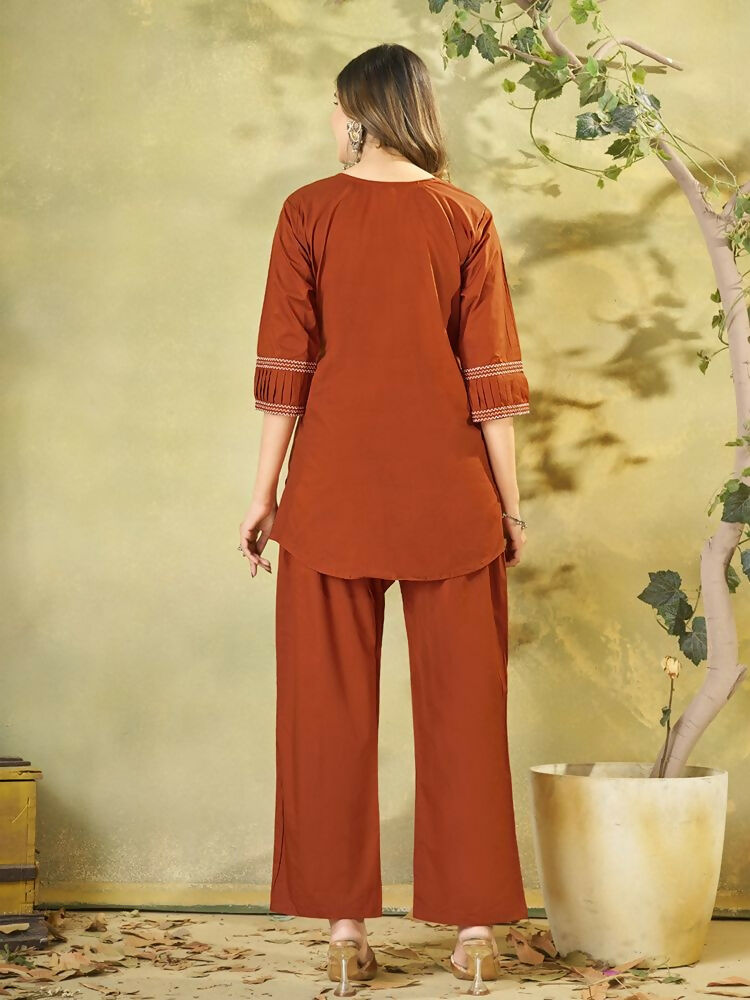 Teeya Creation Orange Embroidered Cotton Co-ord Set for Women