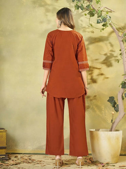 Teeya Creation Orange Embroidered Cotton Co-ord Set for Women