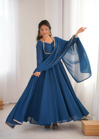 The52 Women's Gorgeous Solid Fox Blooming Georgette Fabric Flared Anarkali and Dupatta Set-Teal Blue