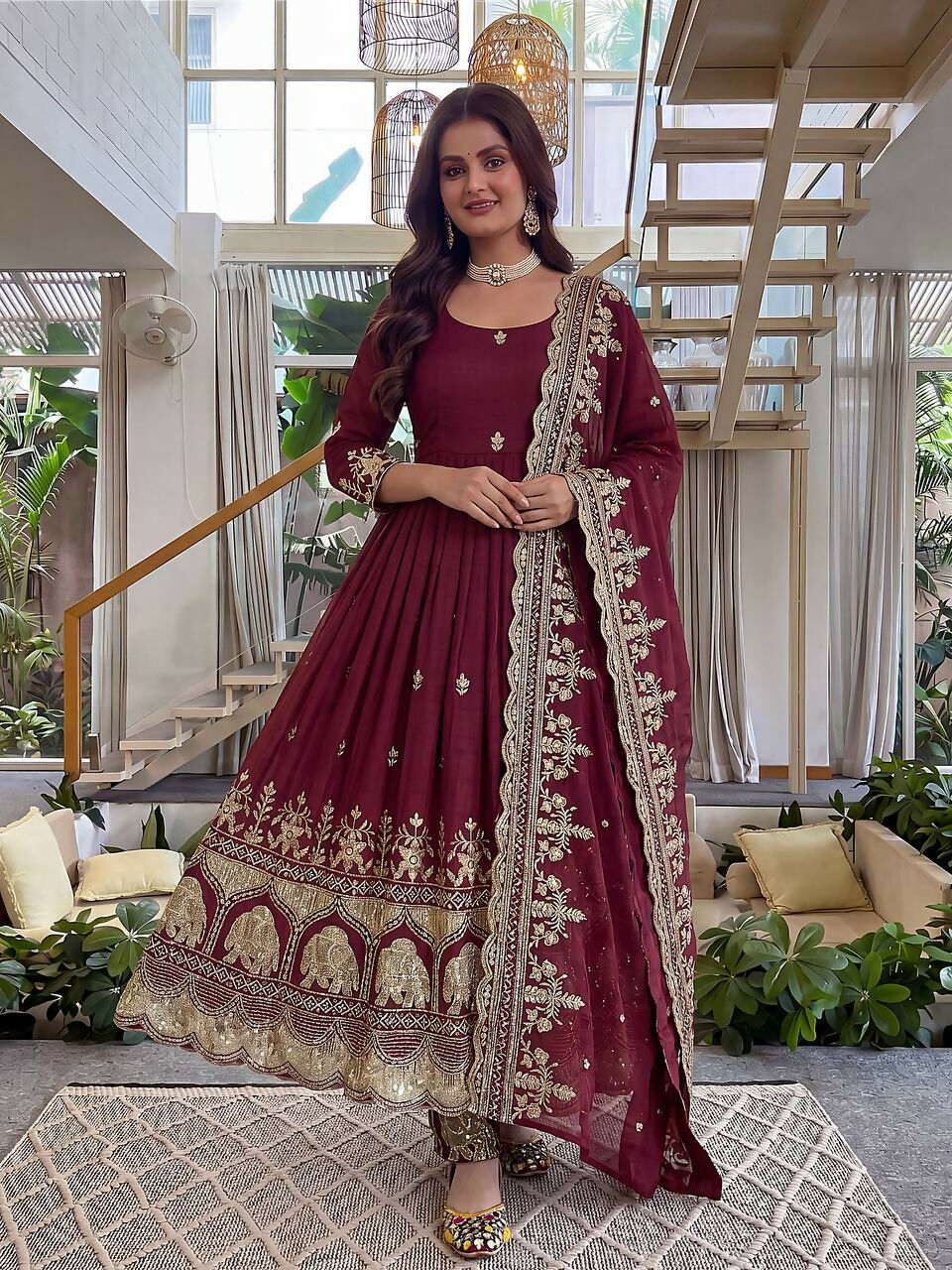 Teeya Creation New Trendy Stylish Wedding Wear Embroidered Anarkali Set - Maroon