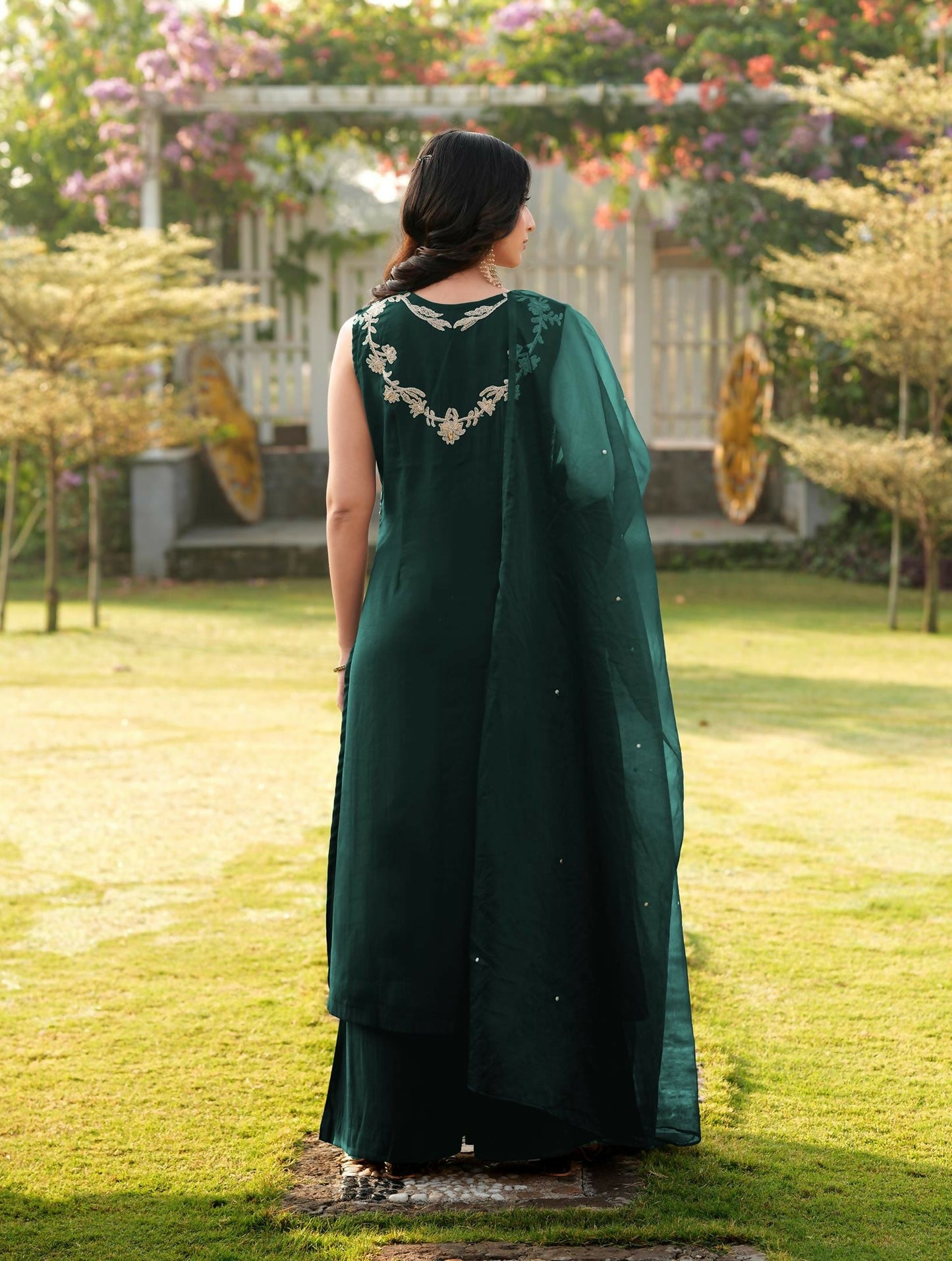Nikhaar Dark Green Embroidered Art Silk Stitched A Line Kurta Palazzo Dupatta Readymade Suit