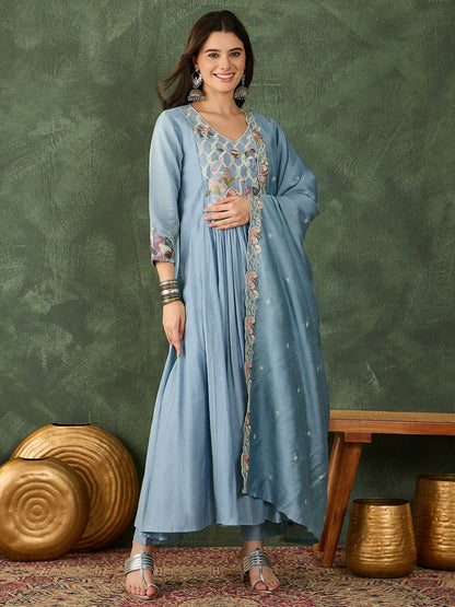 The52 Women's Beautiful Embroidery Work Silk Fabric Flared Kurta Pant and Dupatta Set-Sky