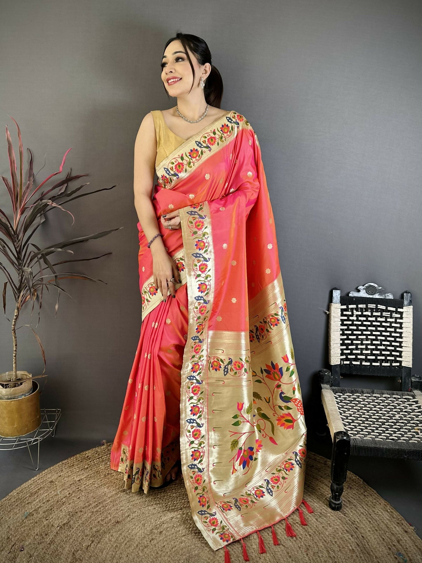 Prime Volt Premium Soft Silk Mayur Paithani Saree with Peacock Meena Weaving & Rich Pallu-Bright Pink