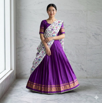 Teeya Creation Womens New Trendy Purple Traditional Pleated Lehenga Choli Set with Floral Printed Dupatta and Contrast Zari Border Set