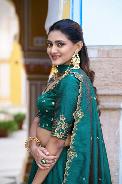 Lorenvalley Fashion Teal NC Silk Plain Lehenga Embroidery Work Choli with Dupatta