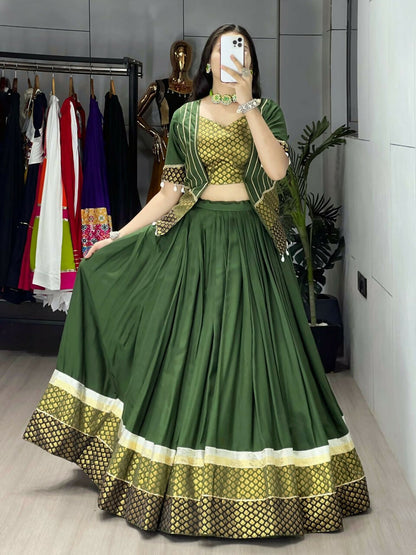 Yash Enterprise Mehndi Rayon Cotton Embroidery Semi Stitched Navratri Top Chaniya Choli