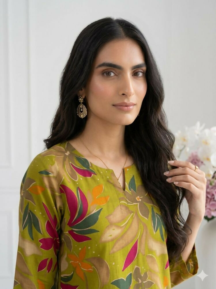 Teeya Creation Women New Latest Green Floral Printed Crepe Kurta with Palazzos Set