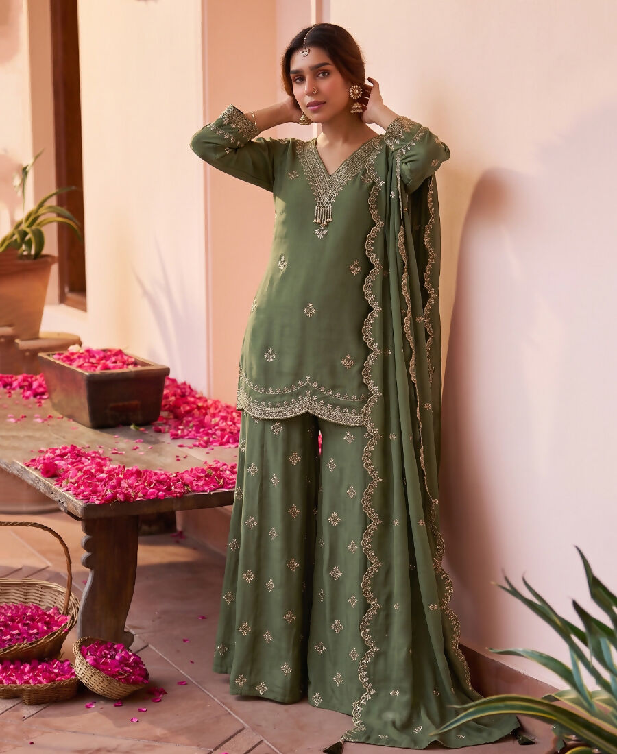 KC Roman Silk Palazzo Suit For Women Wedding Wear Green