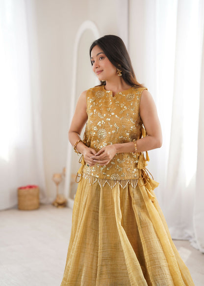Lorenvalley Fashion Yellow Salsa Crush Plain Lehenga Choli with Koti