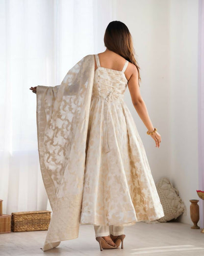 The52 Women's Gorgeous Jacquard Work Jacquard Silk Fabric Flared Anarkali Pant and Dupatta Set-White