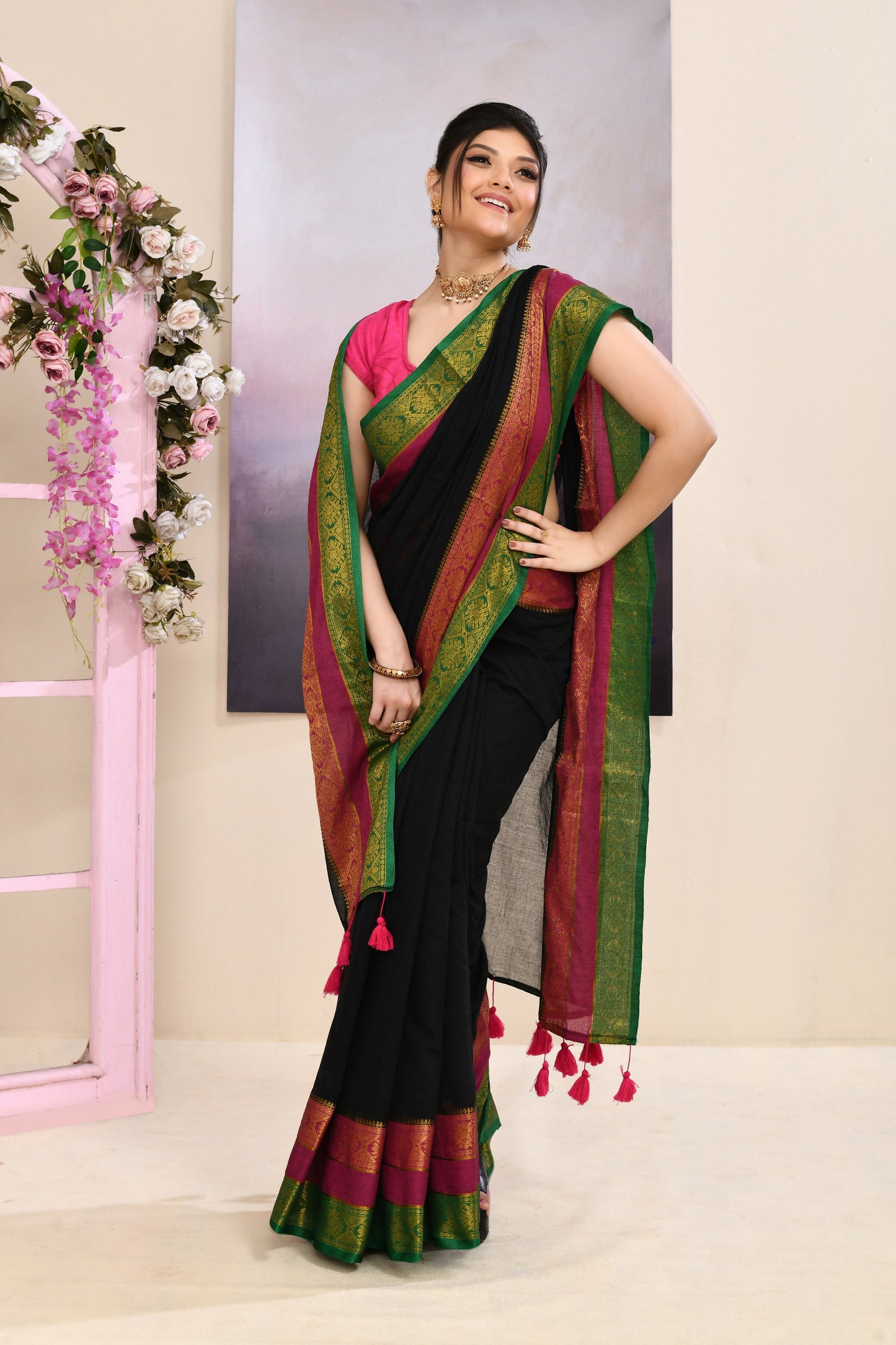 Piyari Fashion Women's Black Embellished Zari Border Cotton Saree