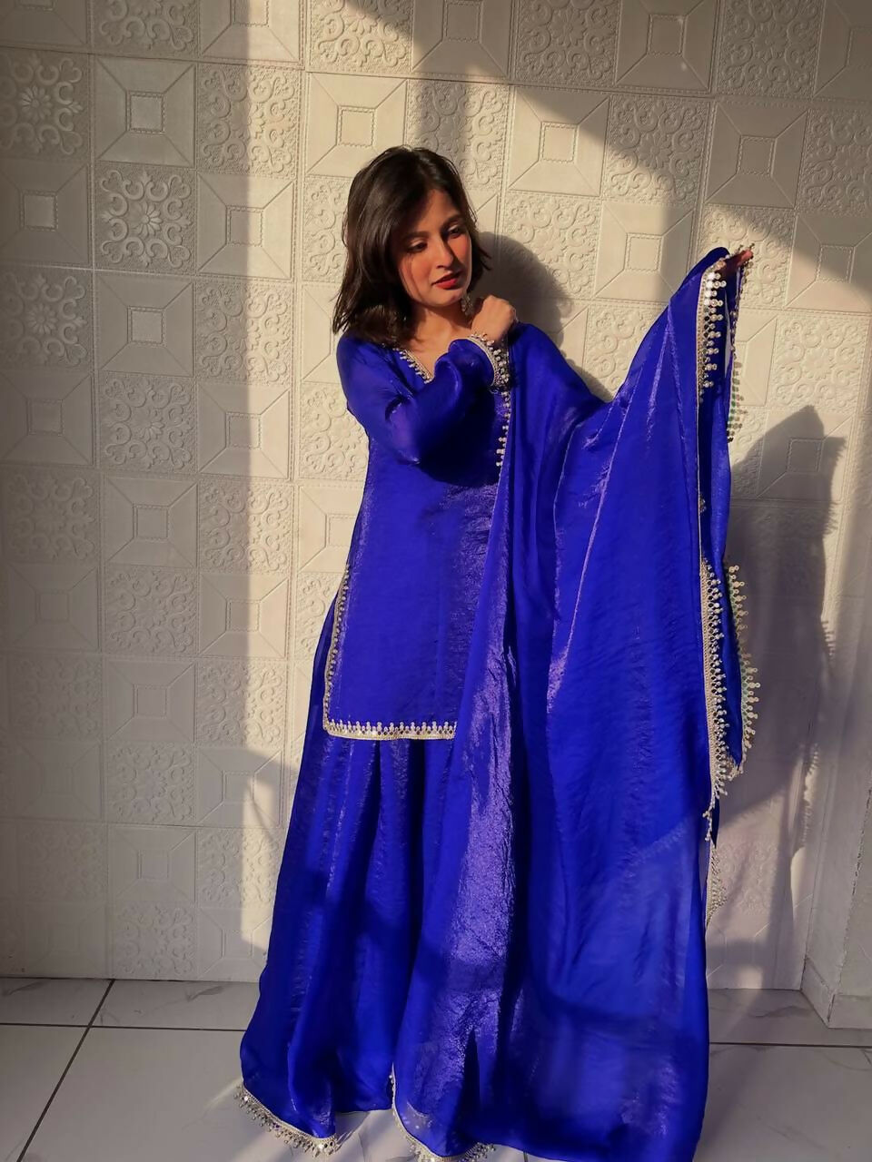 Teeya Creation Womens New Trending Less and Mirror Work Kurta Palazzo Set - Dark-Royal-Blue