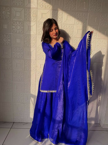 Teeya Creation Womens New Trending Less and Mirror Work Kurta Palazzo Set - Dark-Royal-Blue
