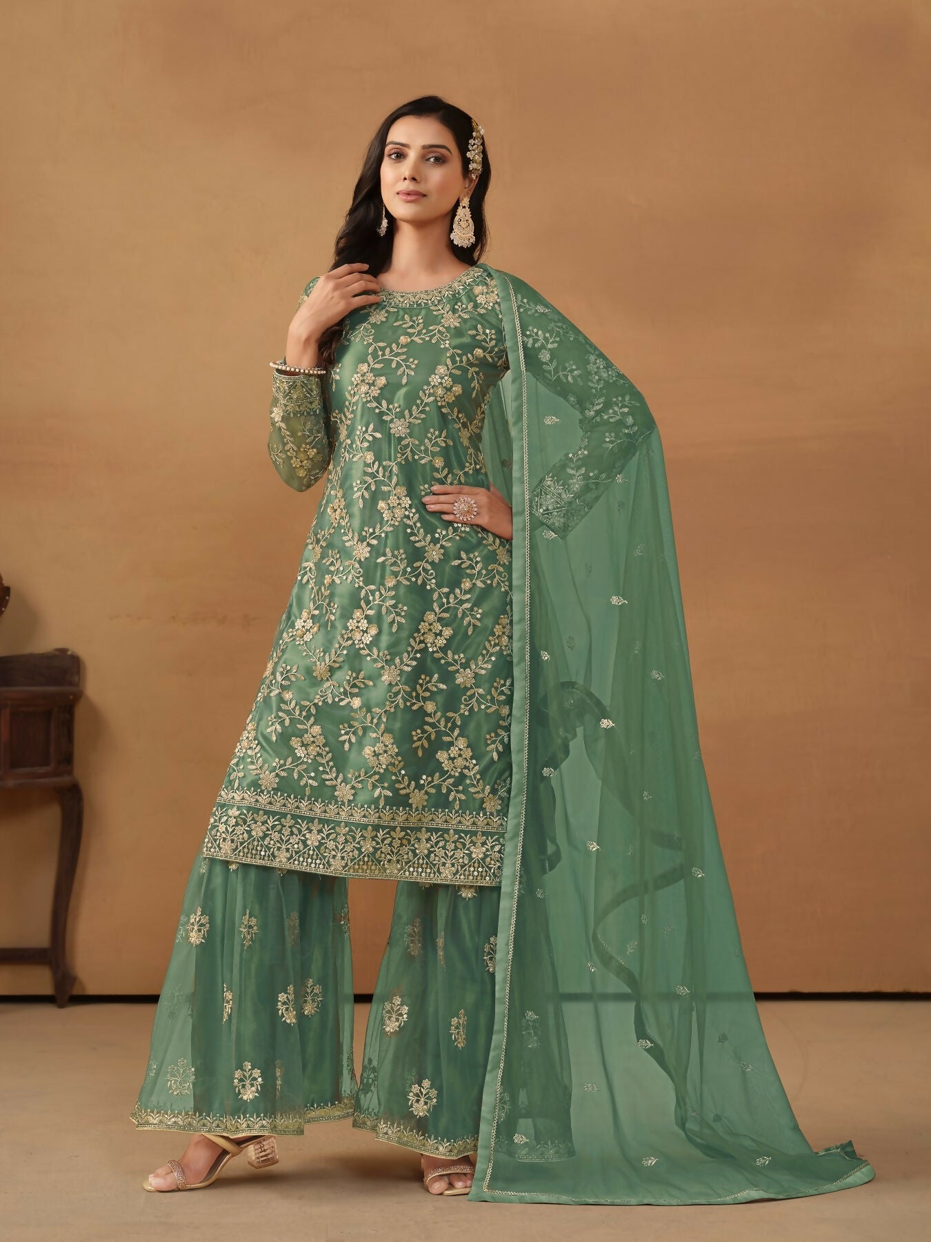 Anaita Green Embroidered Net Salwar Suit