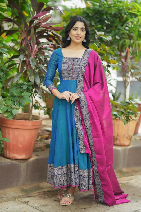 Teeya Creation Womens New Elegant Blue Anarkali Gown with Embroidered Yoke Contrasting Pink Dupatta Set