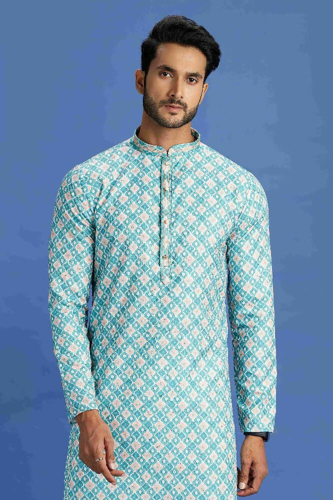 Raivat Ethnic Cotton Embroidery Kurta Pajama In Teal Green Colour