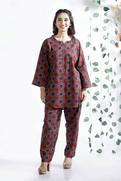 Breathables Abstract Cotton Co-Ord Set  Red