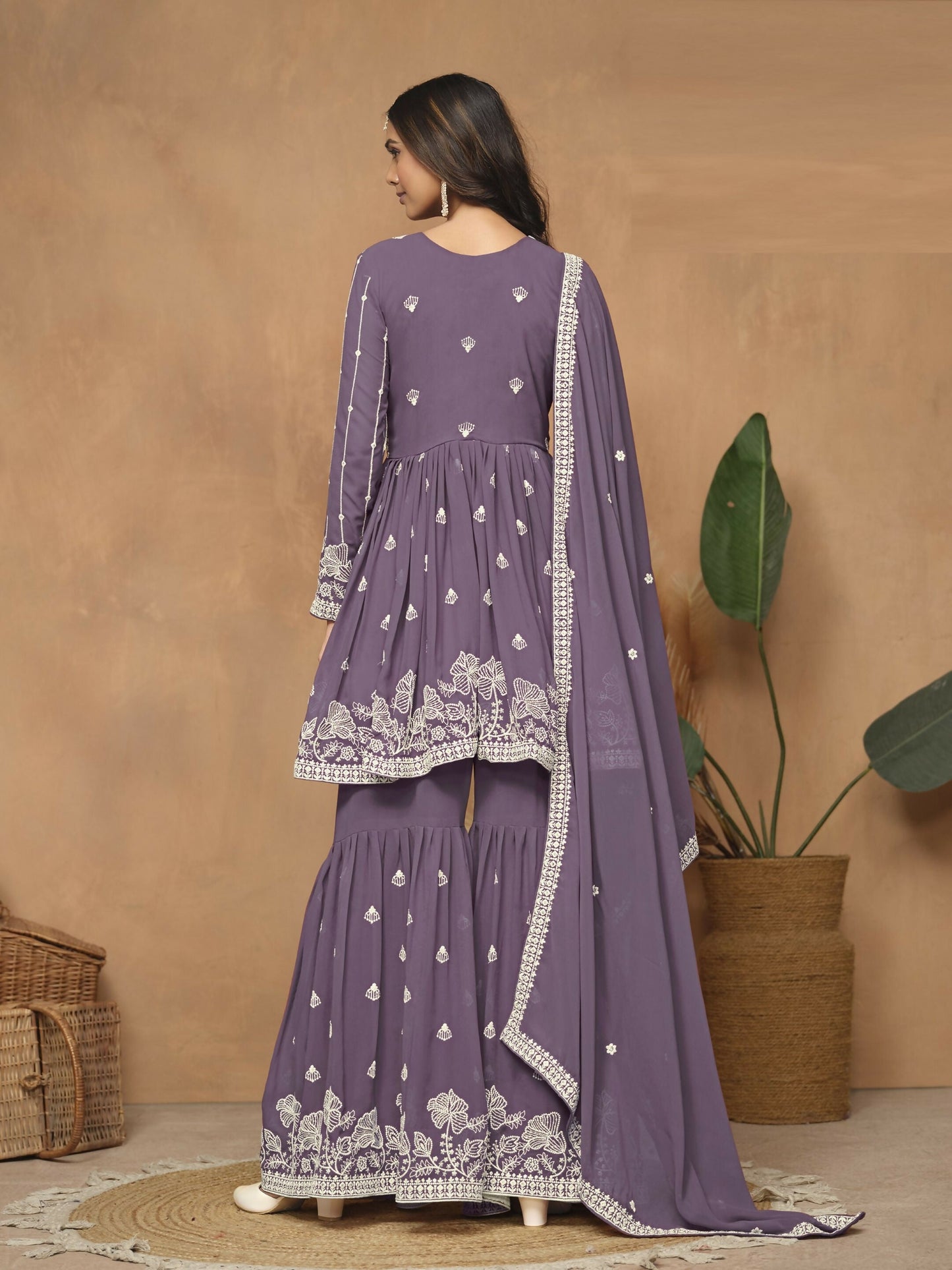 Anaita Lavender Embroidered Faux Georgette Sharara Suit