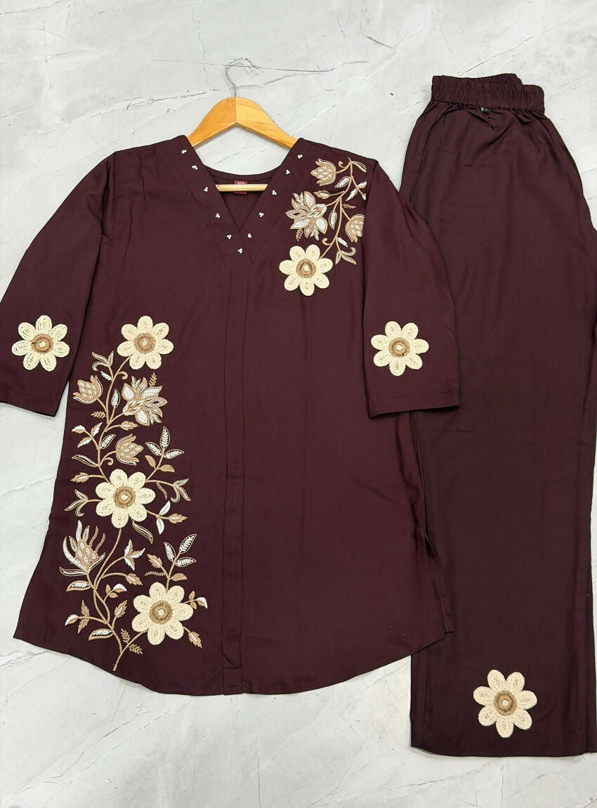 Teeya Creation Women Coffee Brown Embroidered Tunic & Pant Co-Ord Set