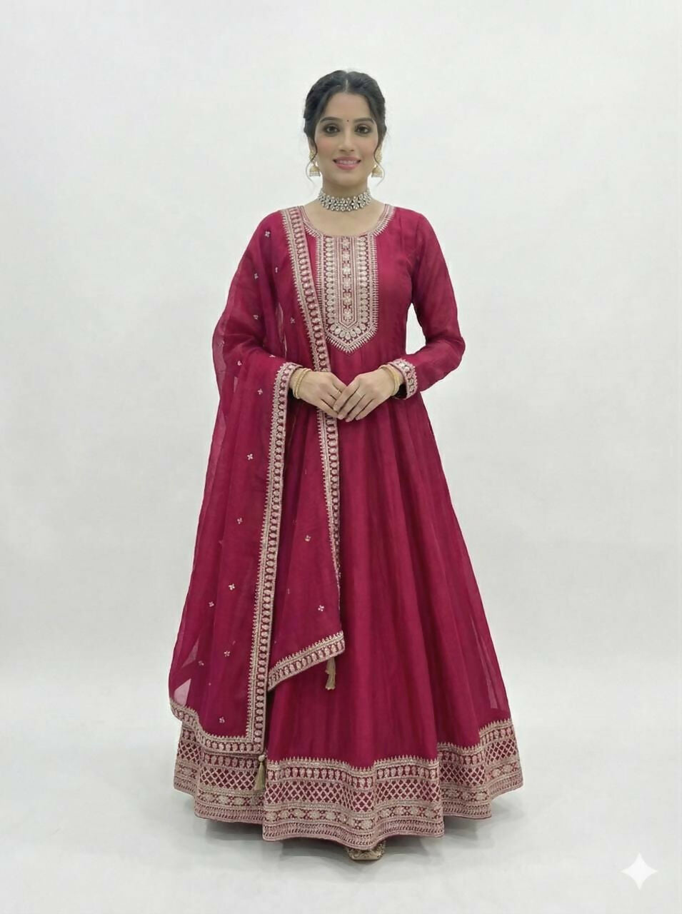 The52 Women's Gorgeous Embroidery Work Vichitra SIlk Fabric Flared Anarkali Dupatta Set-Dark Pink