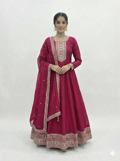 The52 Women's Gorgeous Embroidery Work Vichitra SIlk Fabric Flared Anarkali Dupatta Set-Dark Pink