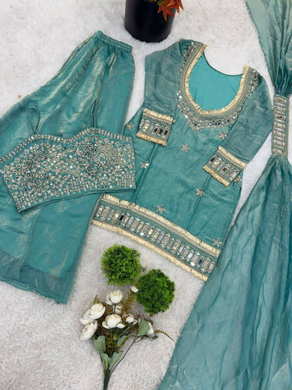 Teeya Creation New Trendy Stylish Real Mirror Work With Lace Border Teal Kurta Set