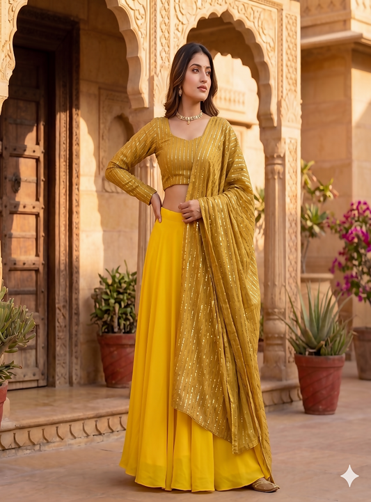 Teeya Creation Women's New Gold Designer Lehenga Choli Set with Sequin Embroidery Work