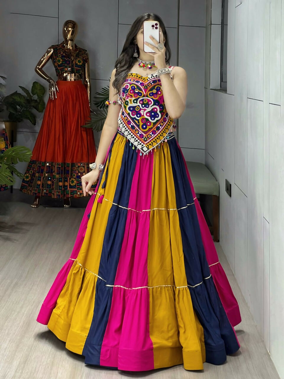 Yash Enterprise Multi Color Rayon Cotton Embroidery Semi Stitched Navratri Top Chaniya Choli