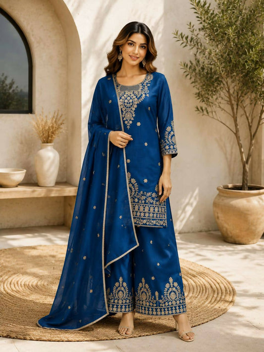 Teeya Creation Blue Embroidered Silk Palazzo Suit With Dupatta