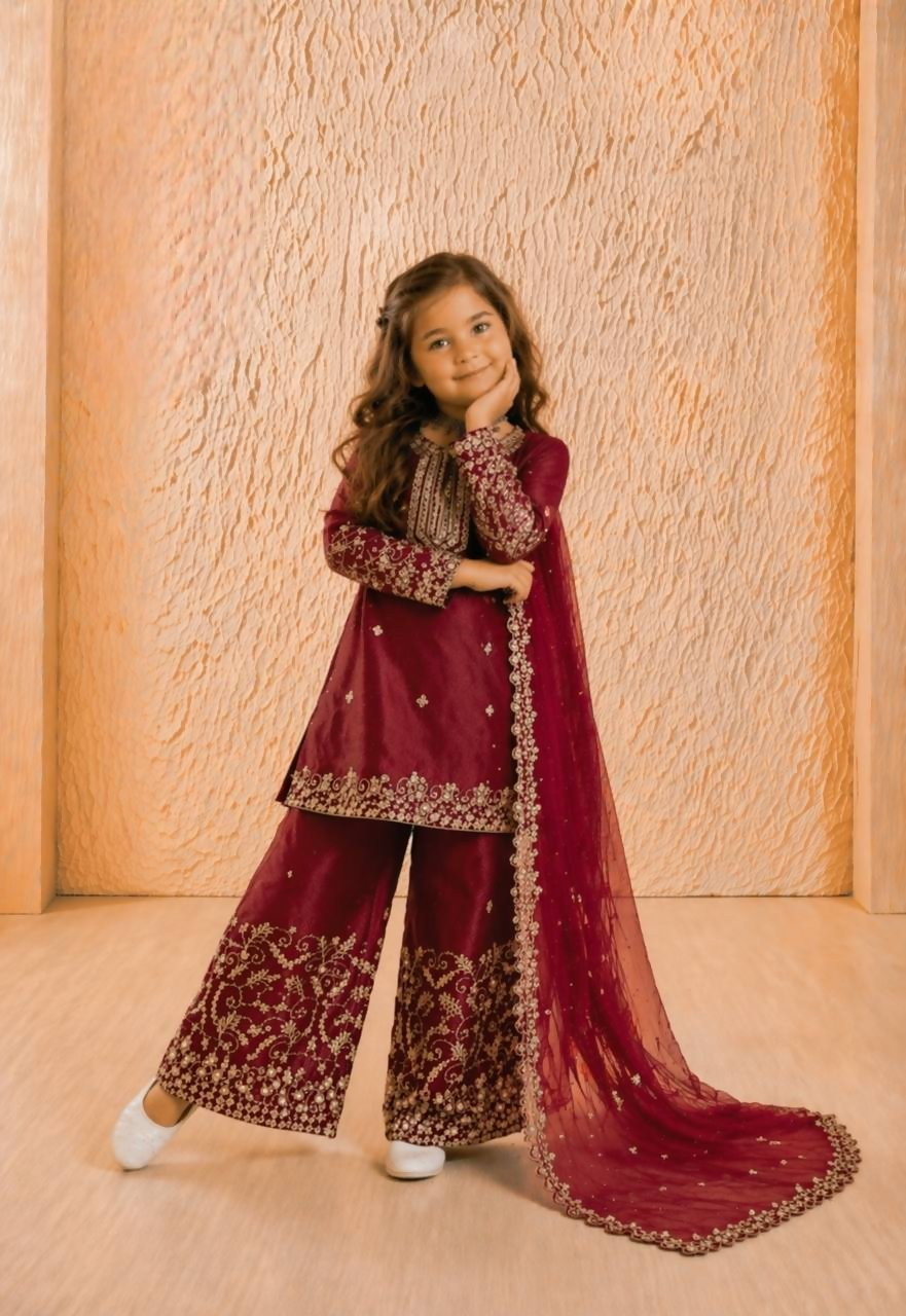 Teeya Creation New Kids Wedding Wear Heavy Embroidery Sequence Work Kurta Sharara Set-Red
