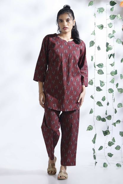 Breathables Butta Print Cotton Co-Ord Set  Wine