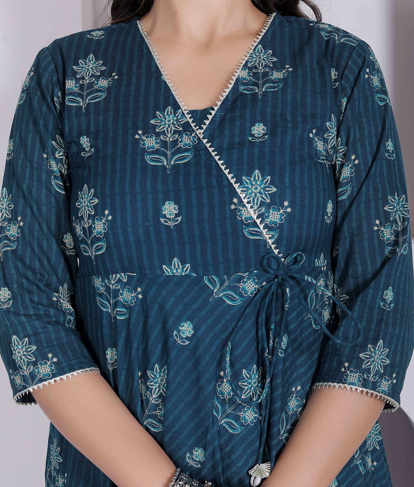 Miravan Womens Blue Ethnic Motifs Printed V-Neck Cotton Angrakha Kurta
