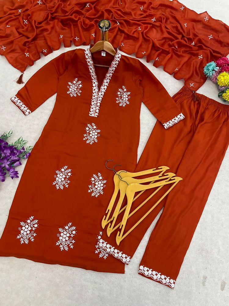 Teeya Creation Vibrant Orange Embroidered Kurti with Pant and Dupatta Set