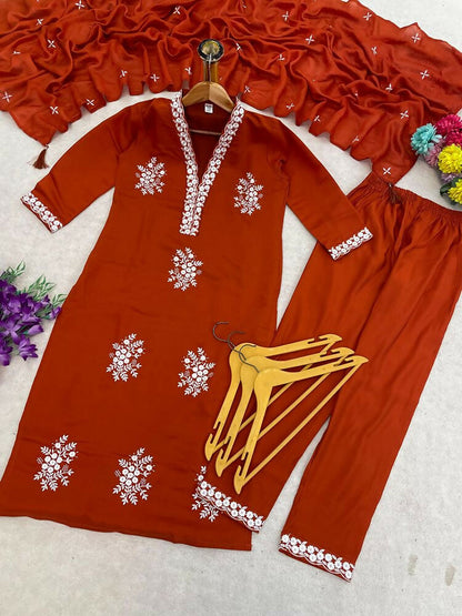 Teeya Creation Vibrant Orange Embroidered Kurti with Pant and Dupatta Set