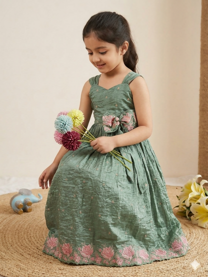 Teeya Creation New Kids Girls Premium Lavender Crinkled Silk Ethnic Gown with Floral Border and Waist Bow Accent