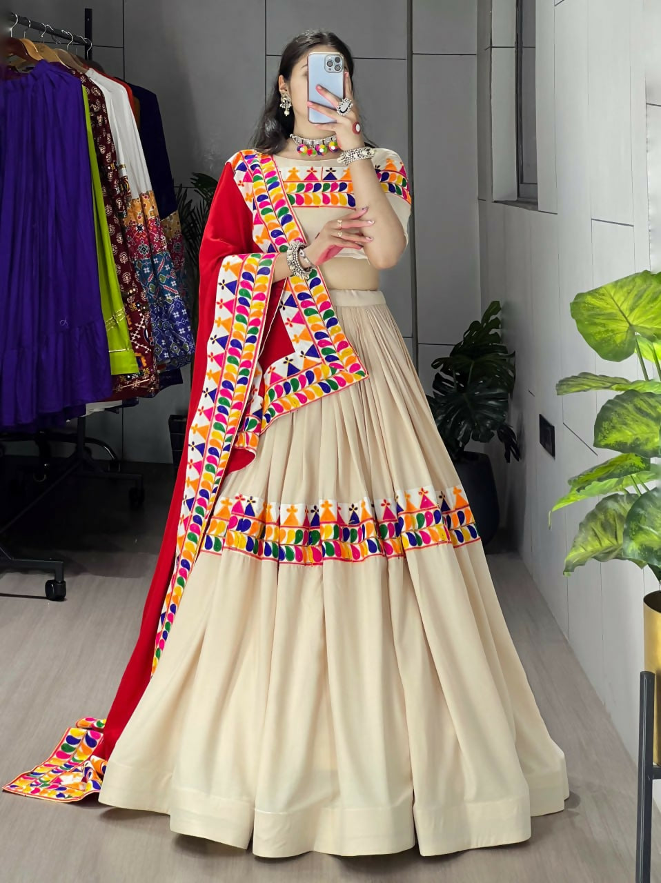 Yash Enterprise Cream Rayon Cotton Embroidery Semi Stitched Navratri Top Chaniya Choli