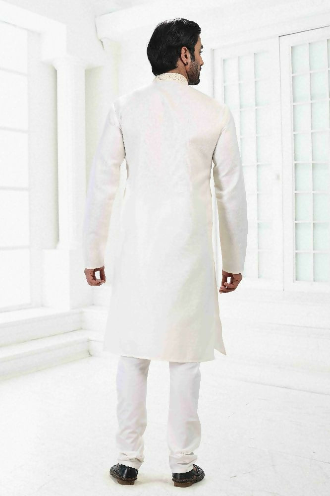 Raivat Ethnic Linen Cotton Thread Work Kurta Pajama In Cream Colour