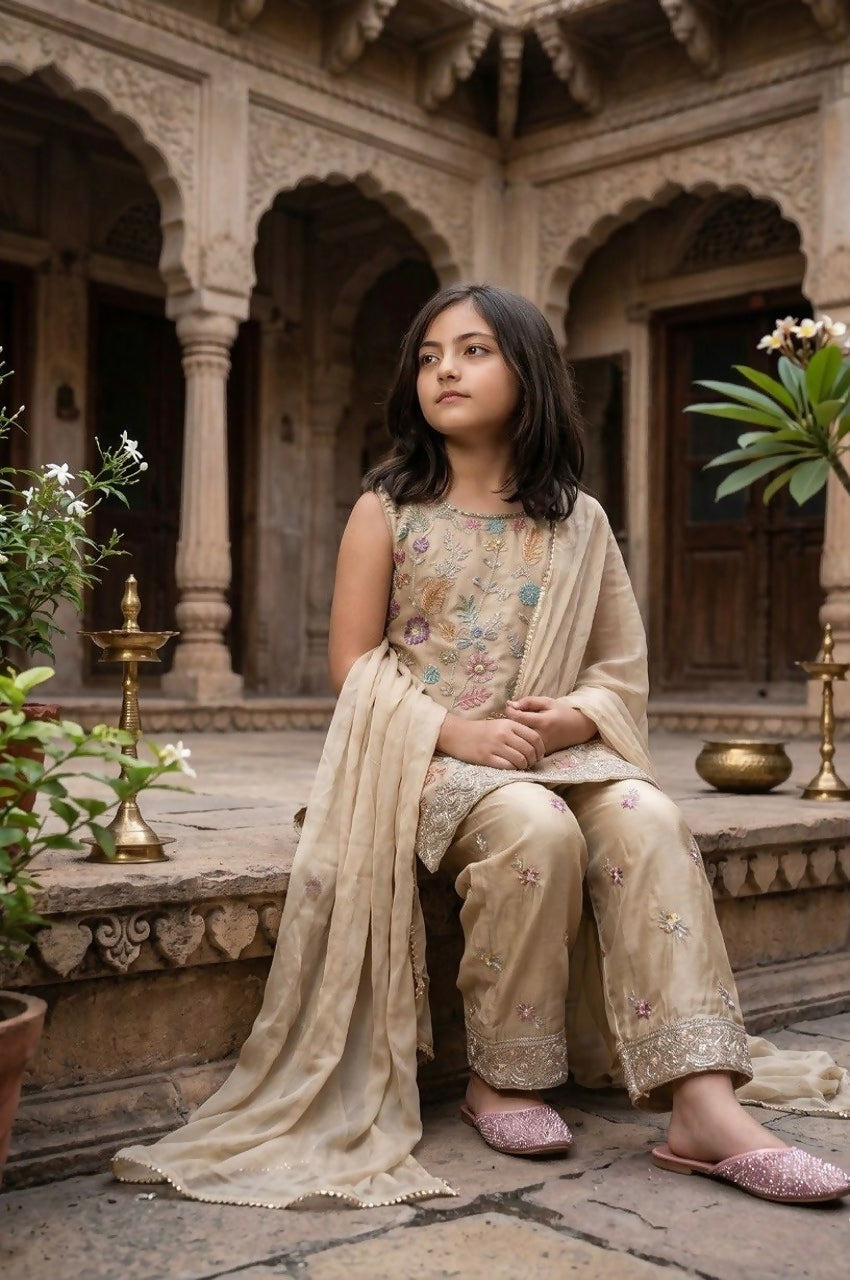 Teeya Creation Trendy Stylish Kids Wear Heavy Embroidery Sequence Work Kurta Set -Beige