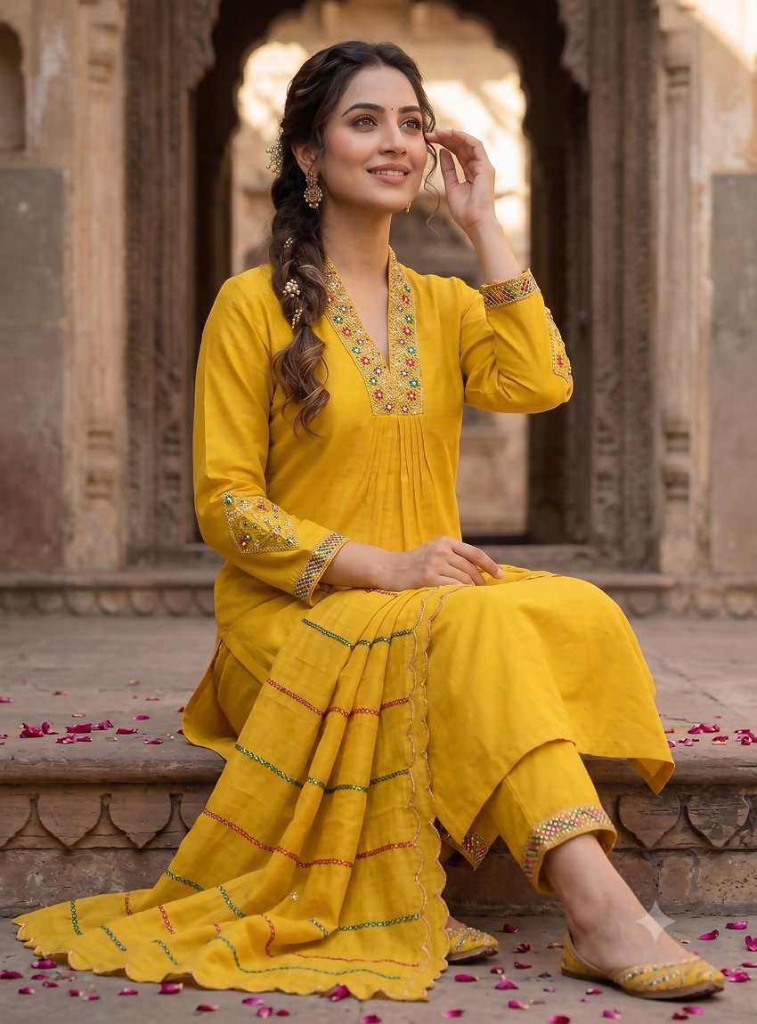 Teeya Creation Mustard Yellow Embroidered Silk Kurta Pant Set With Dupatta
