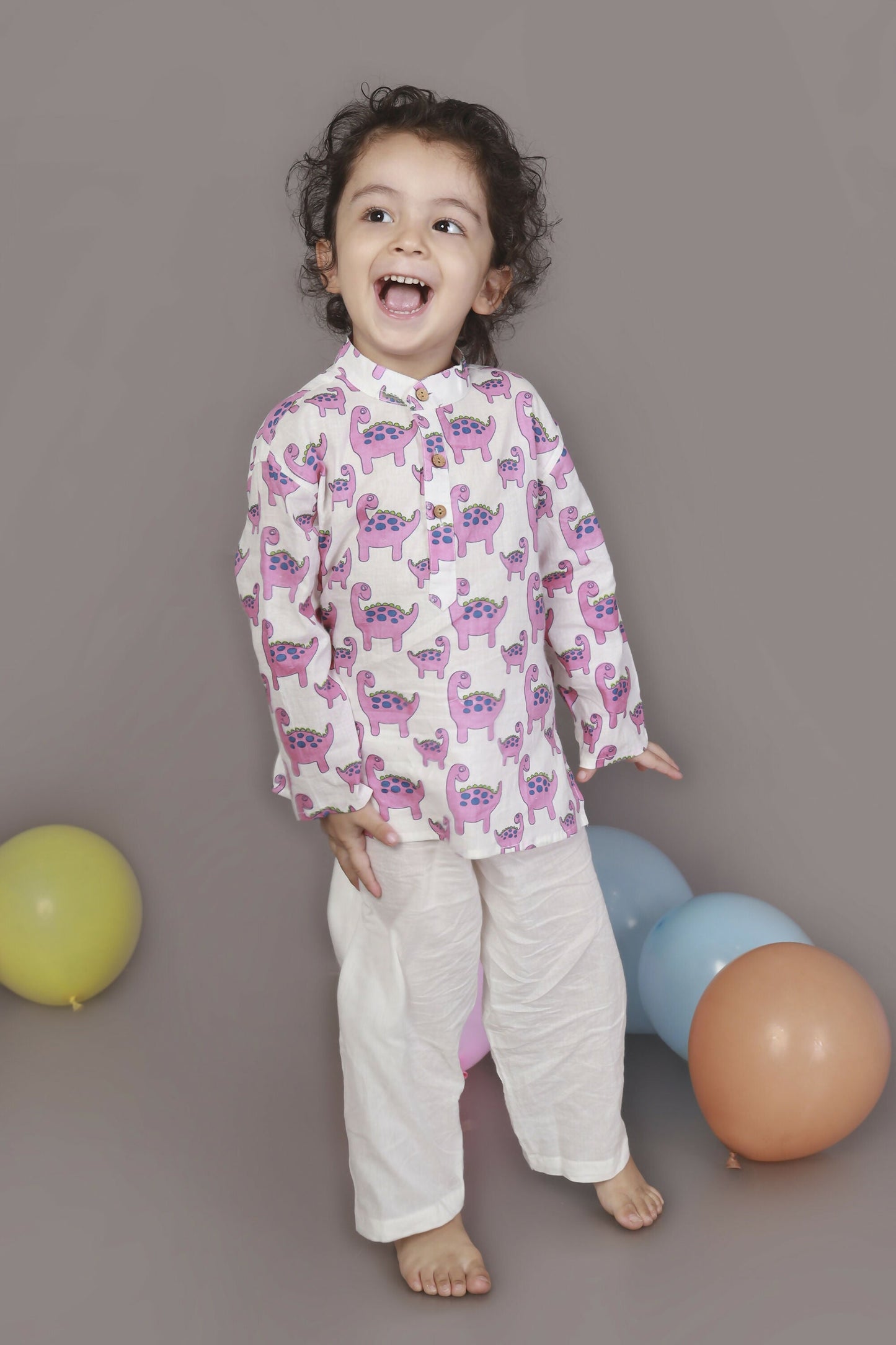 Breathables Kids Boys & Girls Cotton Night Suit  Purple Dinosaur Print Kurta & Pyjama Co-Ord Set
