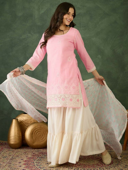 The52 Women's Gorgeous Embroidery Work Cotton Satin Fabric Straight Kurta Sharara and Dupatta Set