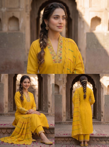 Teeya Creation Mustard Yellow Embroidered Silk Kurta Pant Set With Dupatta