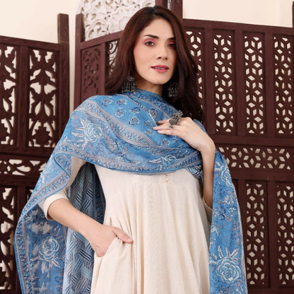 The52 Women's Beautiful Solid Chanderi Silk Fabric Flared Anarkali Pant and Dupatta Set-Off White
