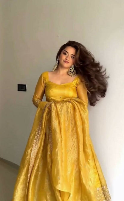 Teeya Creation Elegant Mustard Yellow Solid Silk Anarkali Suit with Dupatta