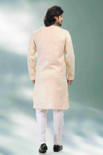 Raivat Ethnic Linen Cotton Pintux Work Kurta Pajama In Beige Colour