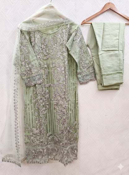 Teeya Creation Womens New Soft Net With Heavy Embroiedery With Sequence Work Light-Green Kurta Set