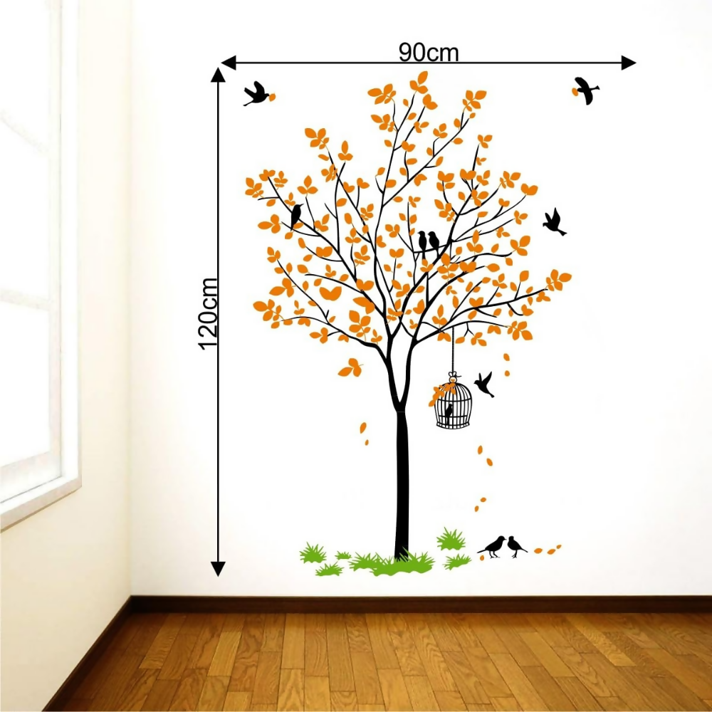 Decal O Decal Vinyl Orange Tree with Birds Cage and Nest Self Adhesive Wall Sticker
